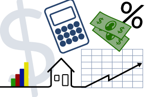 Graphic of calculator, money, house and graph